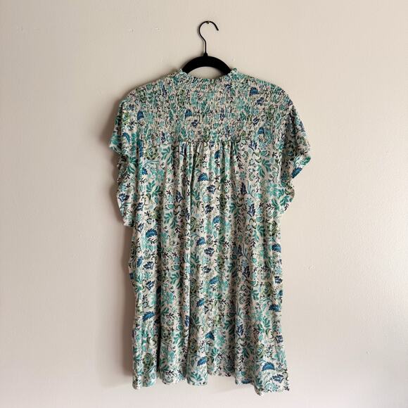 Torrid Green + Blue Floral Print Short Sleeve Smocked Mock Neck Top - 3X - NWT - Picture 8 of 11